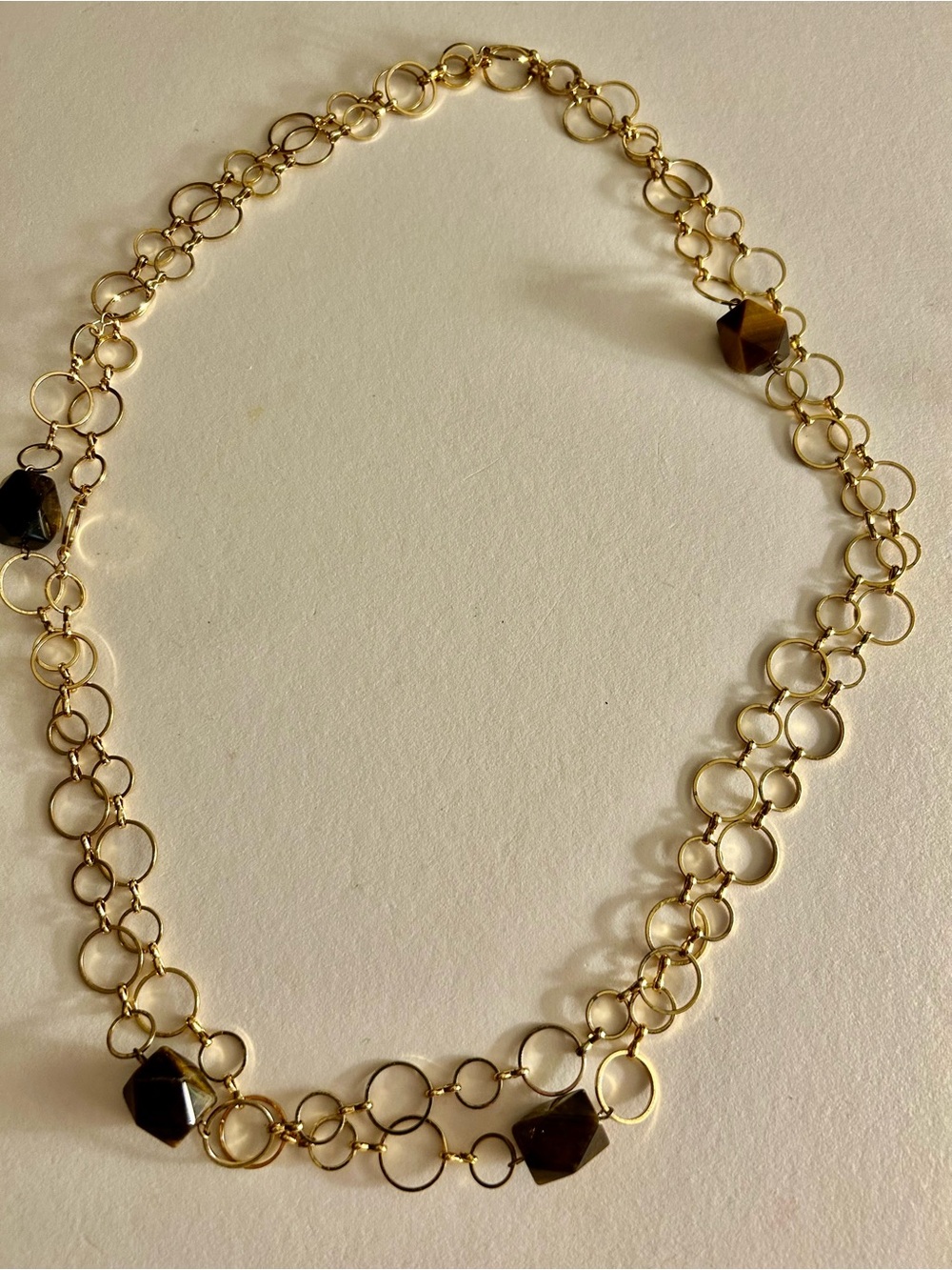 Vintage Necklace Tiger’s Eye faceted polished stones, gold circle link chain 60”